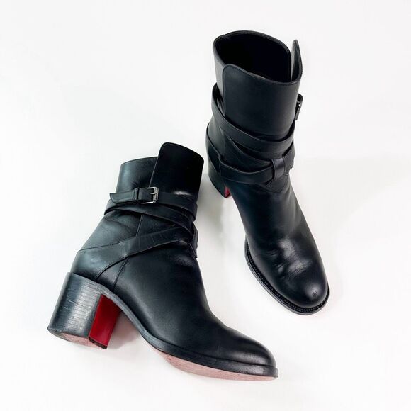 CHRISTIAN LOUBOUTIN Karistrap Black Ankle Boot Size 37 Block Heel Buckle Strap - Picture 1 of 14